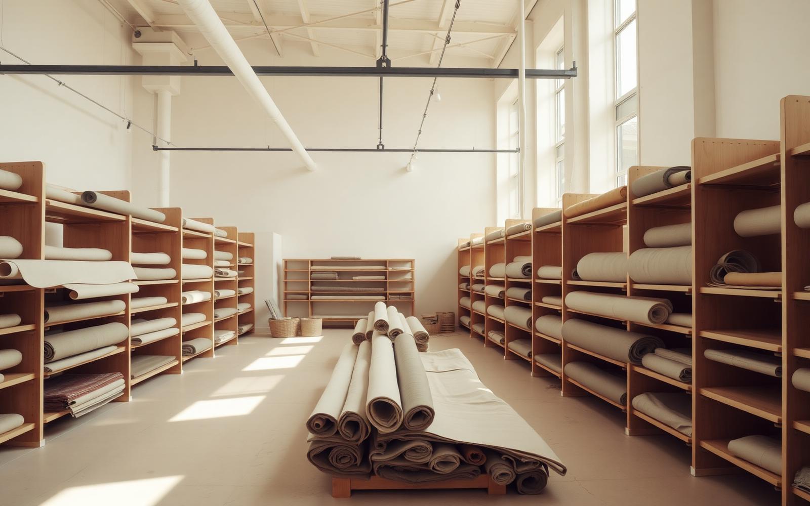Fabric rolls arranged on oak shelving in a modern textile showroom